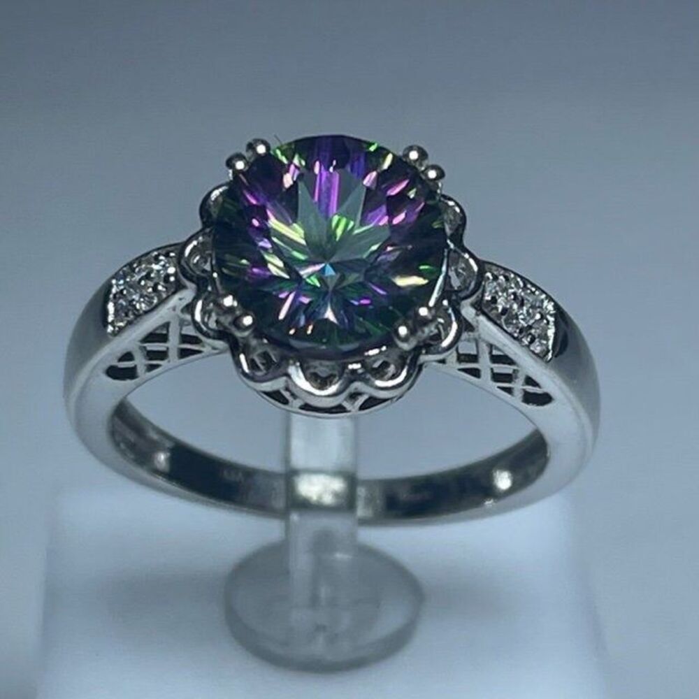 Mystic Topaz Ring 10mm Round Concave Diamond 14K White Gold